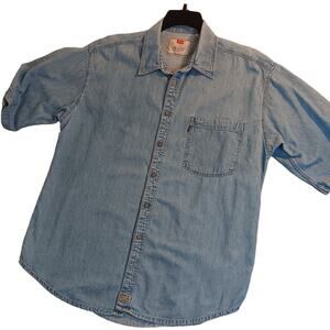 Levi's Vintage Denim Blue Tag Shirt Men L Light Wash Stressed Short Sleeve Fade